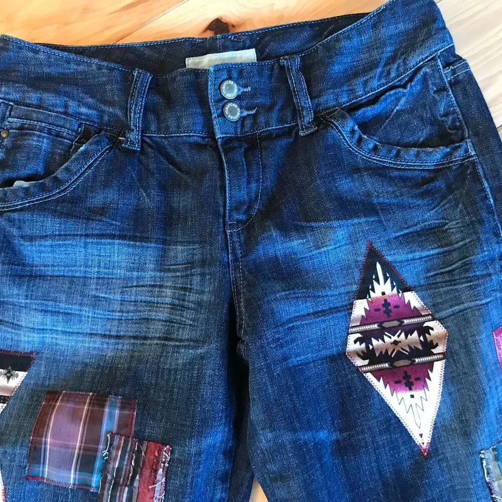 Upcycled Southwest Aztec Patchwork Denim Capris Western Gauchos Size 7-8